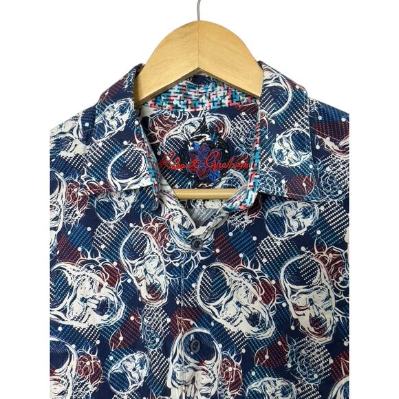 Robert Graham Classic Fit Blue SKULL Print Short Sleeve Button-Up Shirt Medium - Picture 4 of 7